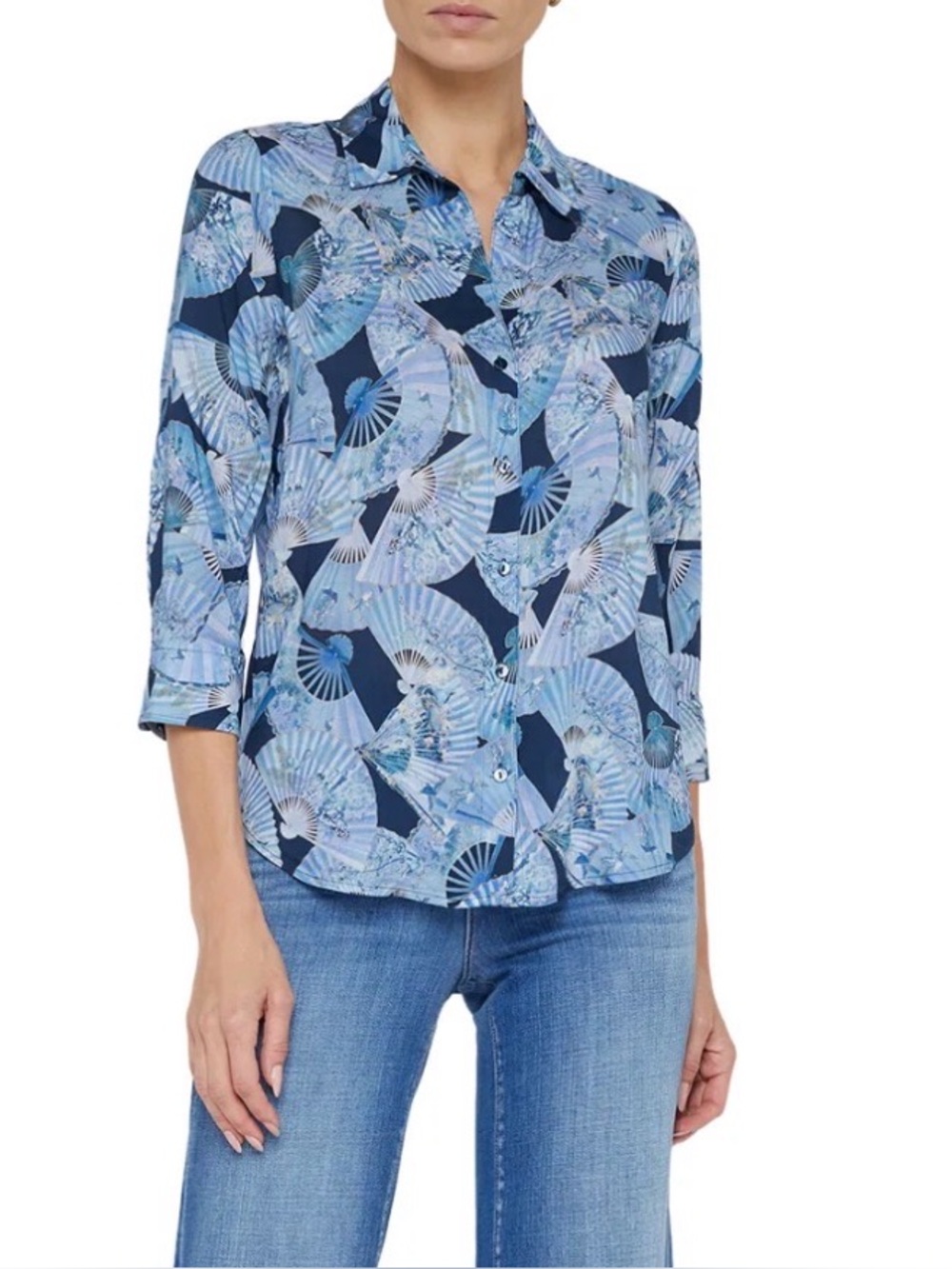 L’AGENCE Blue Fan Print Viscose Button Front Blouse Top Small S/P Preppy Luxury